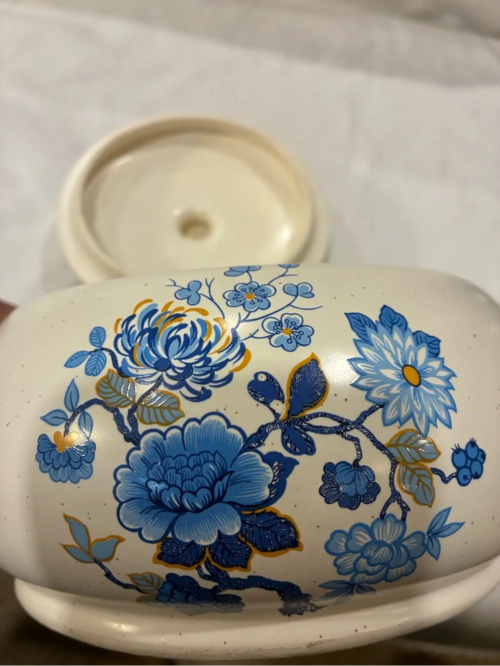 Romco USA French Onion Soup Crock Bowl W/Lid & Handle Blue Orange Flowers Cream
